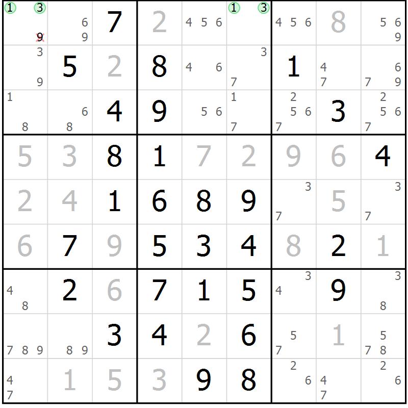 Position des candidats pour la solution de la Gr 16 page 19 du magazine de sudoku Maestro n° 099