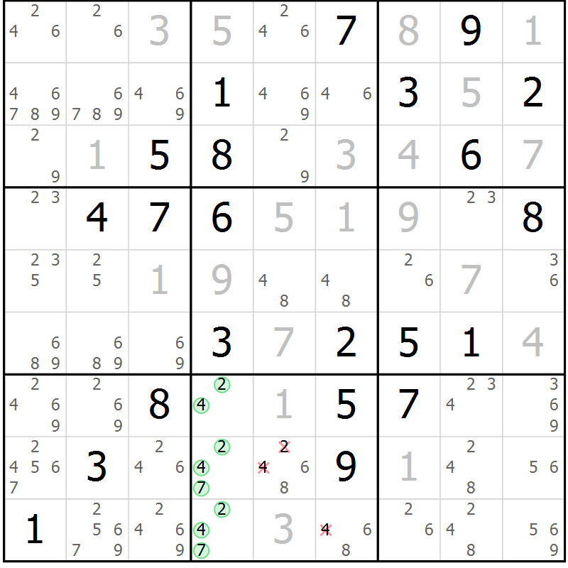 Position des candidats pour la solution de la Gr 18 page 21 du magazine de sudoku Maestro n° 099