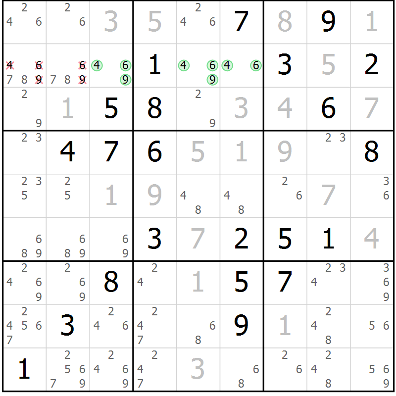 Position des candidats pour la solution de la Gr 18 page 21 du magazine de sudoku Maestro n° 099