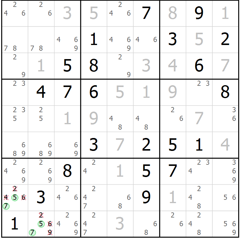 Position des candidats pour la solution de la Gr 18 page 21 du magazine de sudoku Maestro n° 099