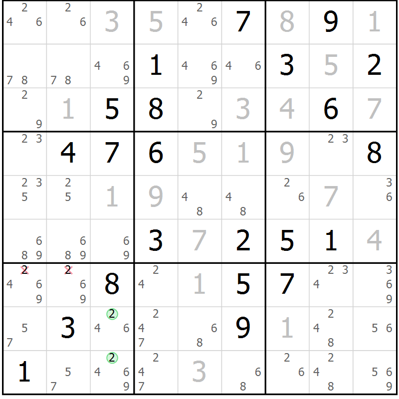 Position des candidats pour la solution de la Gr 18 page 21 du magazine de sudoku Maestro n° 099