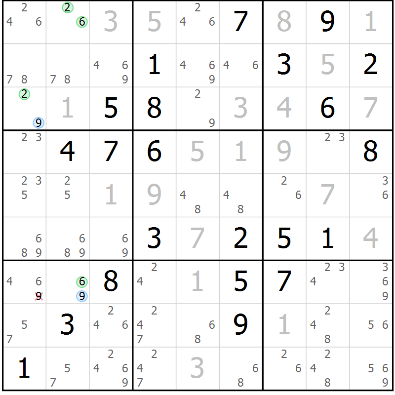 Position des candidats pour la solution de la Gr 18 page 21 du magazine de sudoku Maestro n° 099