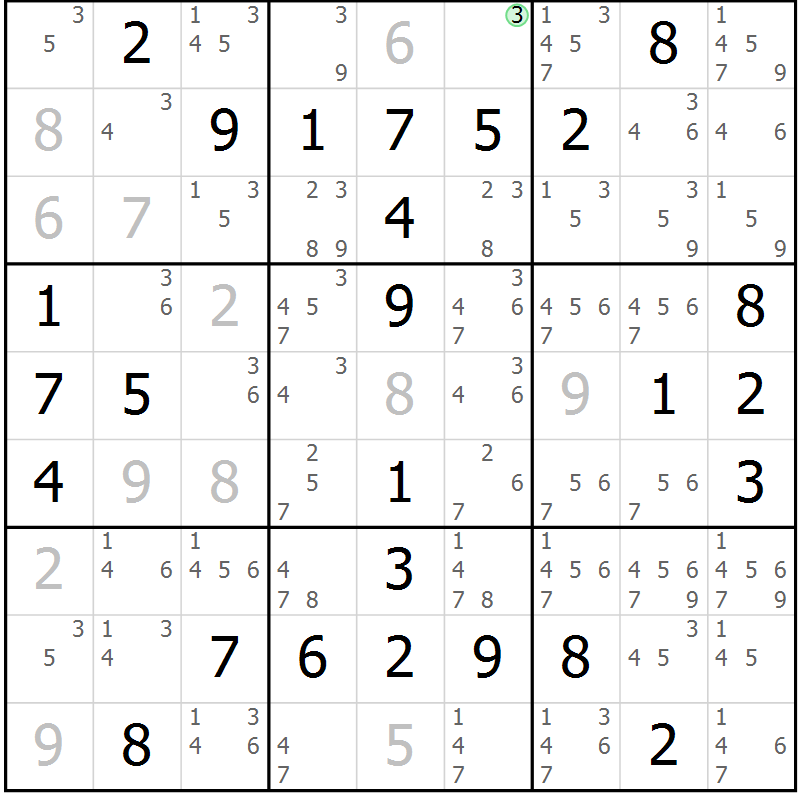 Position des candidats pour la solution de la Gr 19 page 22 du magazine de sudoku Maestro n° 099