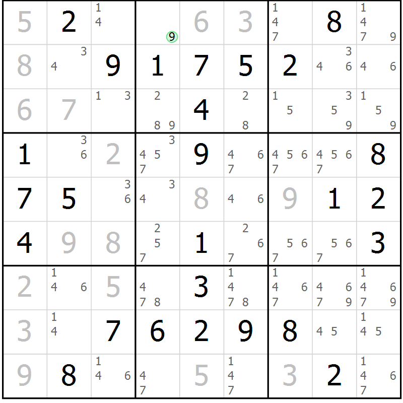 Position des candidats pour la solution de la Gr 19 page 22 du magazine de sudoku Maestro n° 099