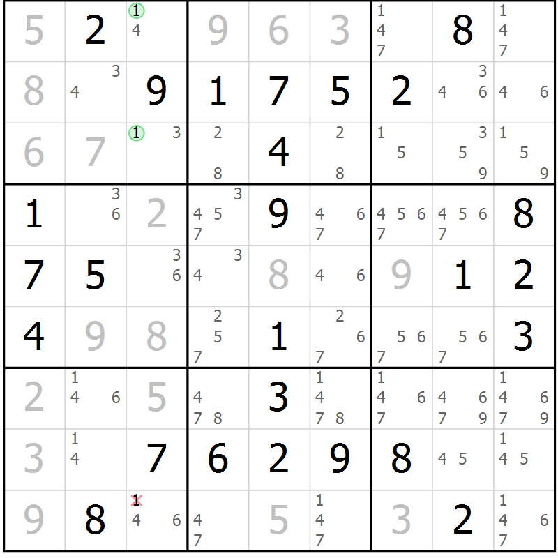Position des candidats pour la solution de la Gr 19 page 22 du magazine de sudoku Maestro n° 099