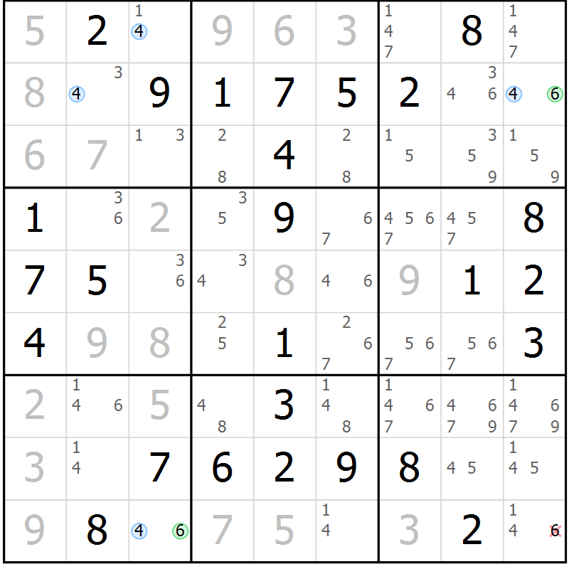 Position des candidats pour la solution de la Gr 19 page 22 du magazine de sudoku Maestro n° 099