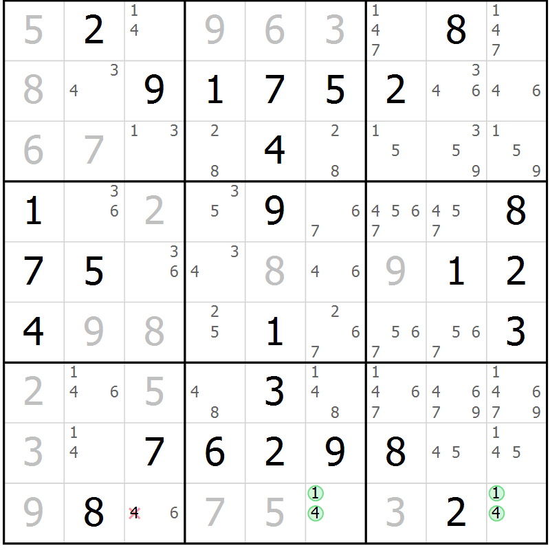 Position des candidats pour la solution de la Gr 19 page 22 du magazine de sudoku Maestro n° 099