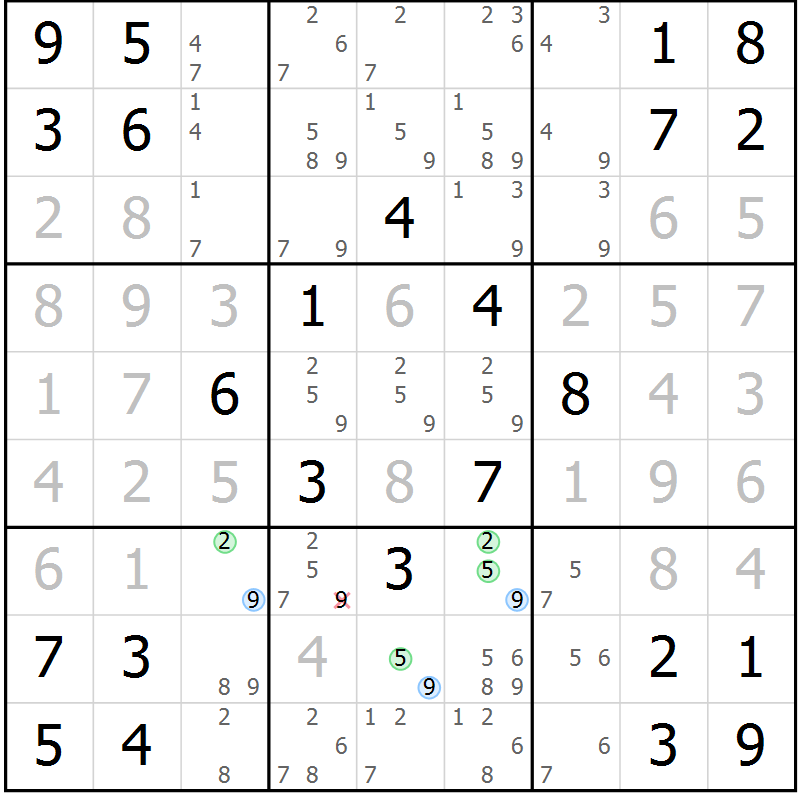 Position des candidats pour la solution de la Gr 2 page 5 du magazine de sudoku Maestro n° 099