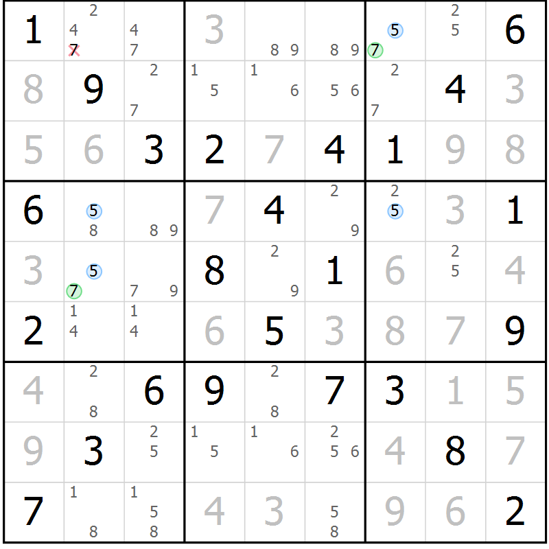 Position des candidats pour la solution de la Gr 21 page 24 du magazine de sudoku Maestro n° 099