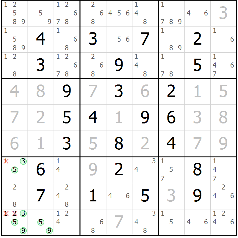 Position des candidats pour la solution de la Gr 22 page 25 du magazine de sudoku Maestro n° 099