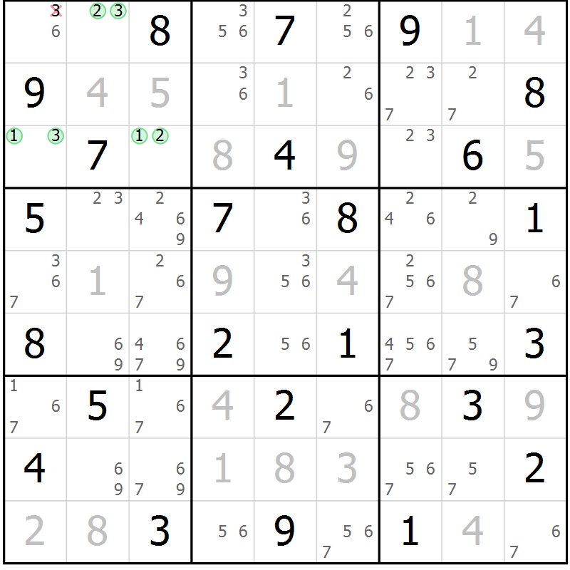 Position des candidats pour la solution de la Gr 24 page 27 du magazine de sudoku Maestro n° 099
