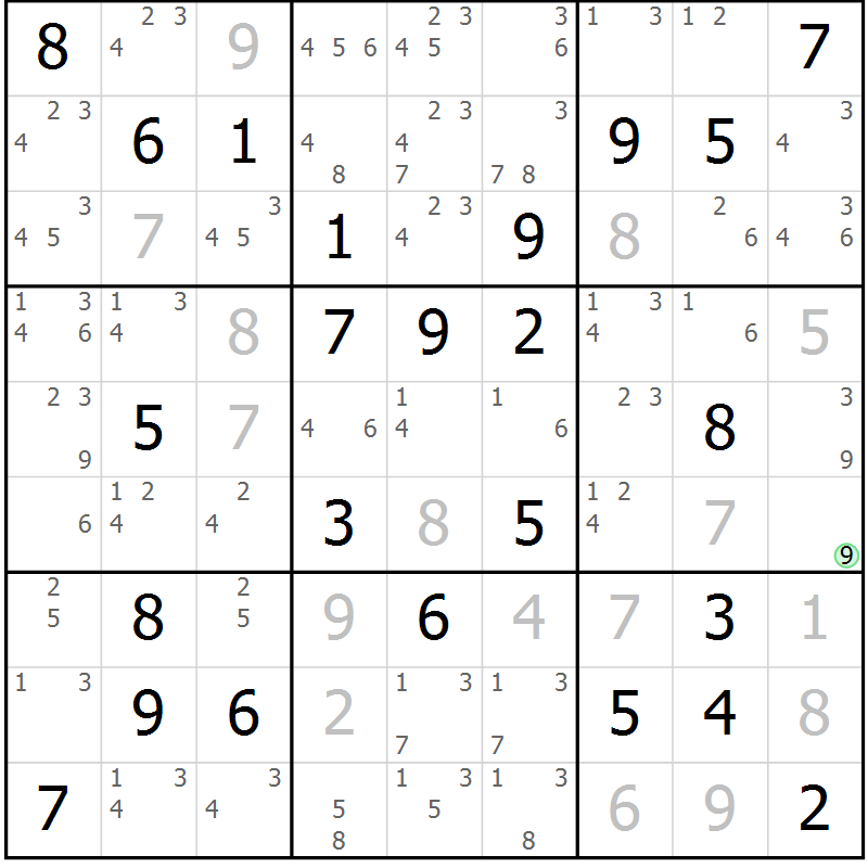 Position des candidats pour la solution de la Gr 25 page 28 du magazine de sudoku Maestro n° 099