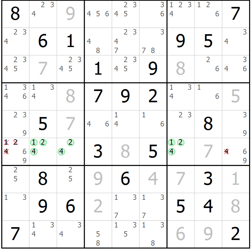 Position des candidats pour la solution de la Gr 25 page 28 du magazine de sudoku Maestro n° 099