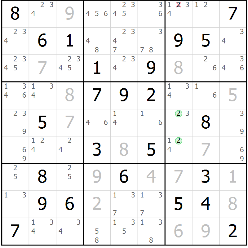 Position des candidats pour la solution de la Gr 25 page 28 du magazine de sudoku Maestro n° 099