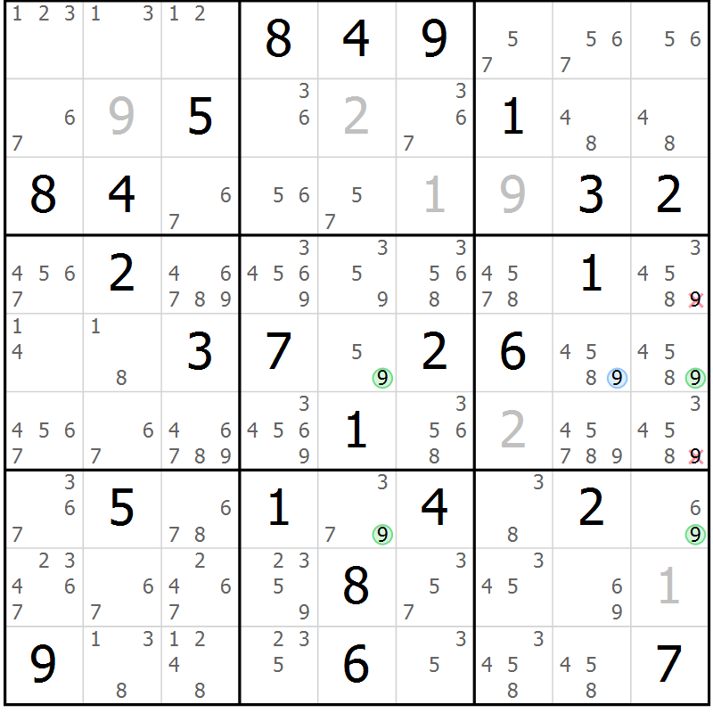Position des candidats pour la solution de la Gr 27 page 30 du magazine de sudoku Maestro n° 099