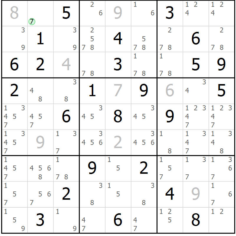 Position des candidats pour la solution de la Gr 28 page 31 du magazine de sudoku Maestro n° 099