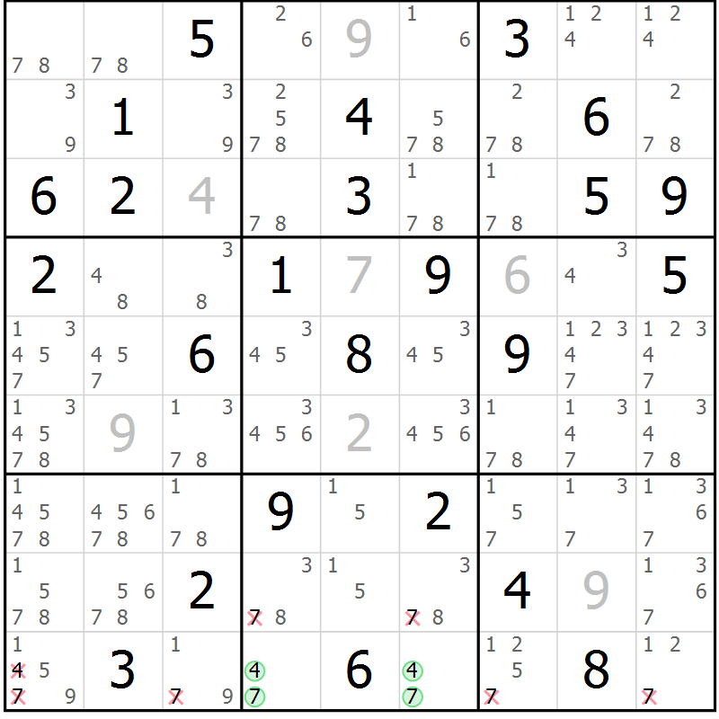Position des candidats pour la solution de la Gr 28 page 31 du magazine de sudoku Maestro n° 099