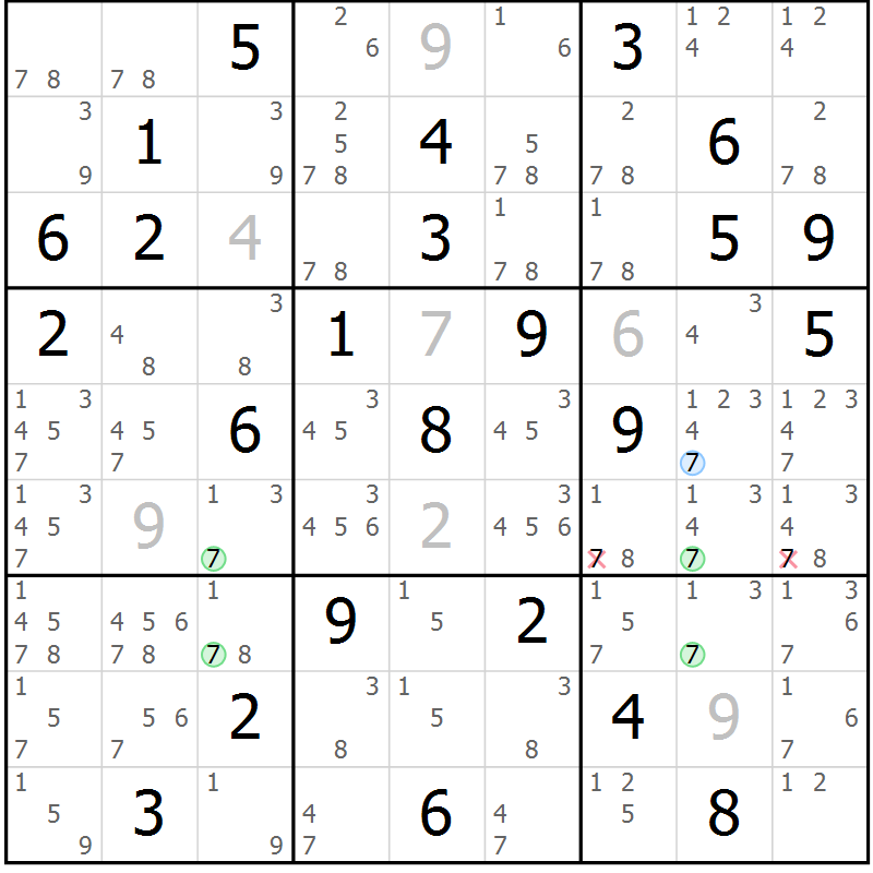 Position des candidats pour la solution de la Gr 28 page 31 du magazine de sudoku Maestro n° 099