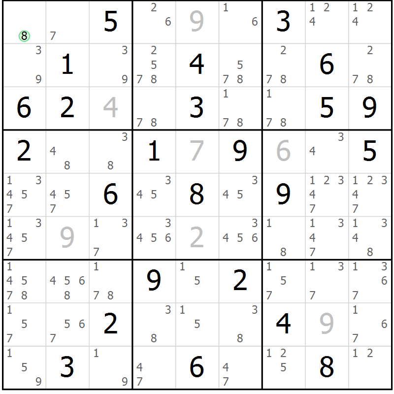 Position des candidats pour la solution de la Gr 28 page 31 du magazine de sudoku Maestro n° 099