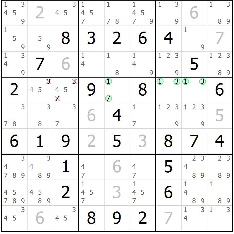 Position des candidats pour la solution de la Gr 3 page 6 du magazine de sudoku Maestro n° 099