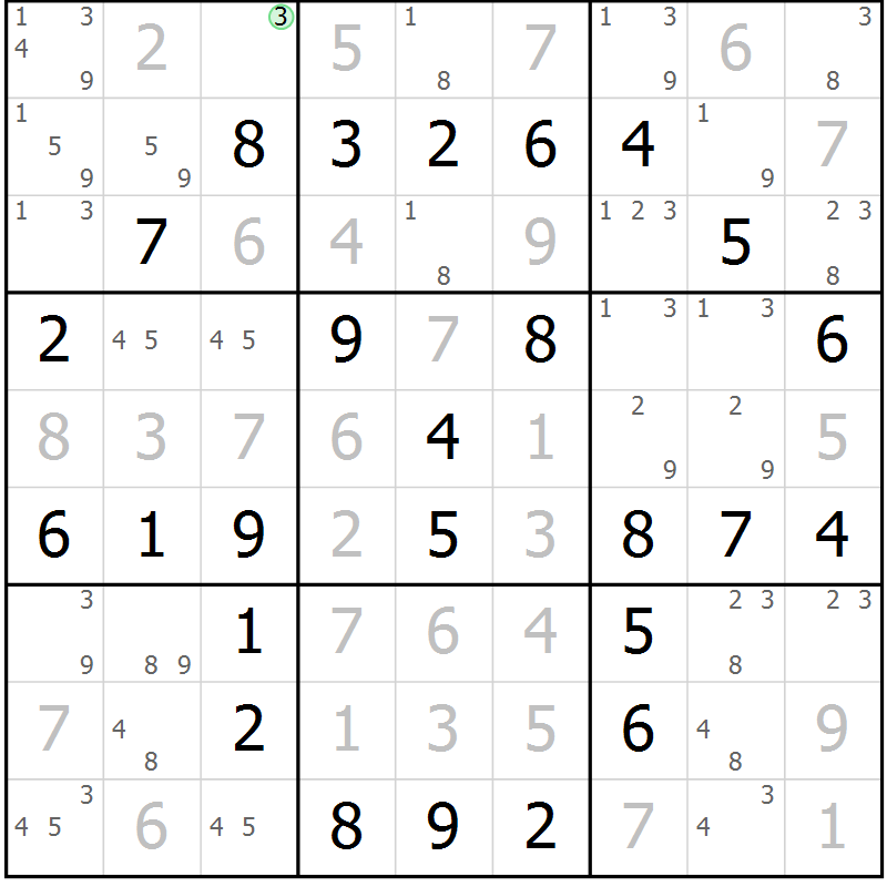 Position des candidats pour la solution de la Gr 3 page 6 du magazine de sudoku Maestro n° 099