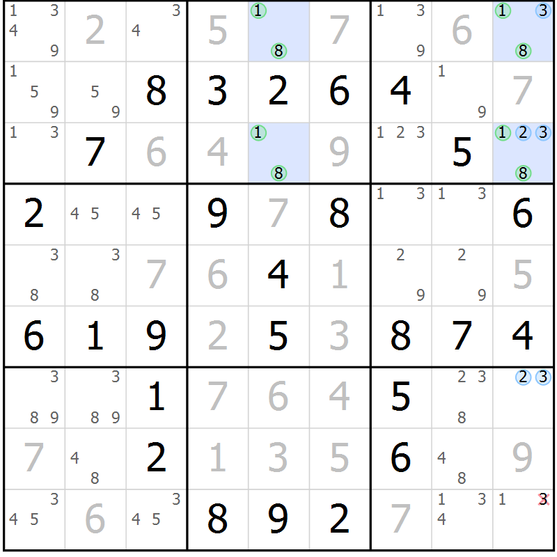 Position des candidats pour la solution de la Gr 3 page 6 du magazine de sudoku Maestro n° 099