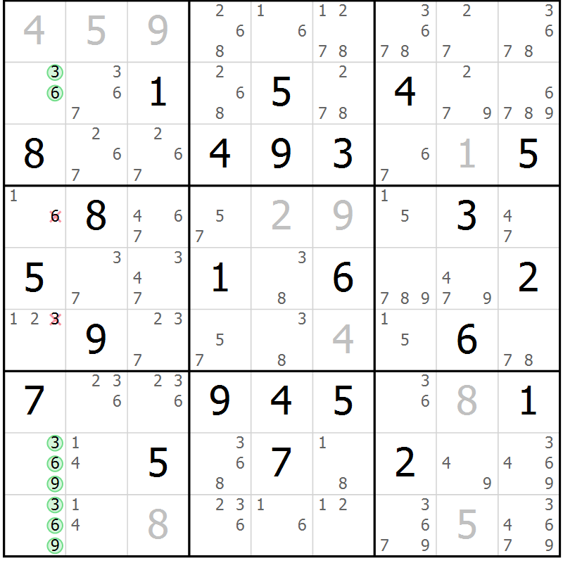 Position des candidats pour la solution de la Gr 33 page 36 du magazine de sudoku Maestro n° 099