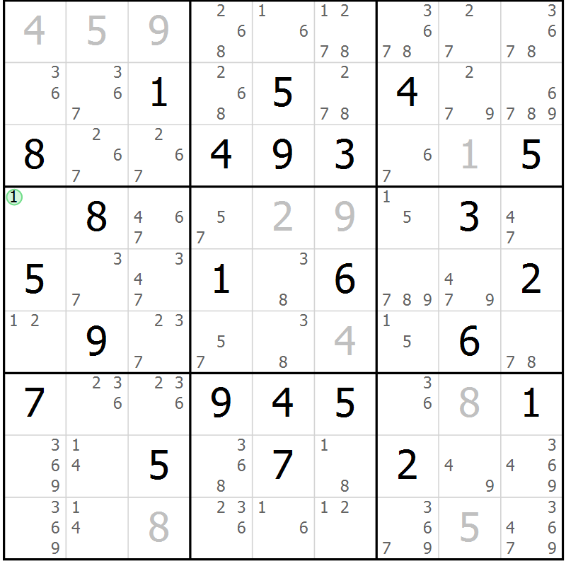 Position des candidats pour la solution de la Gr 33 page 36 du magazine de sudoku Maestro n° 099