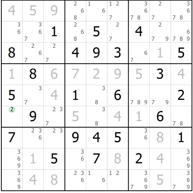 Position des candidats pour la solution de la Gr 33 page 36 du magazine de sudoku Maestro n° 099