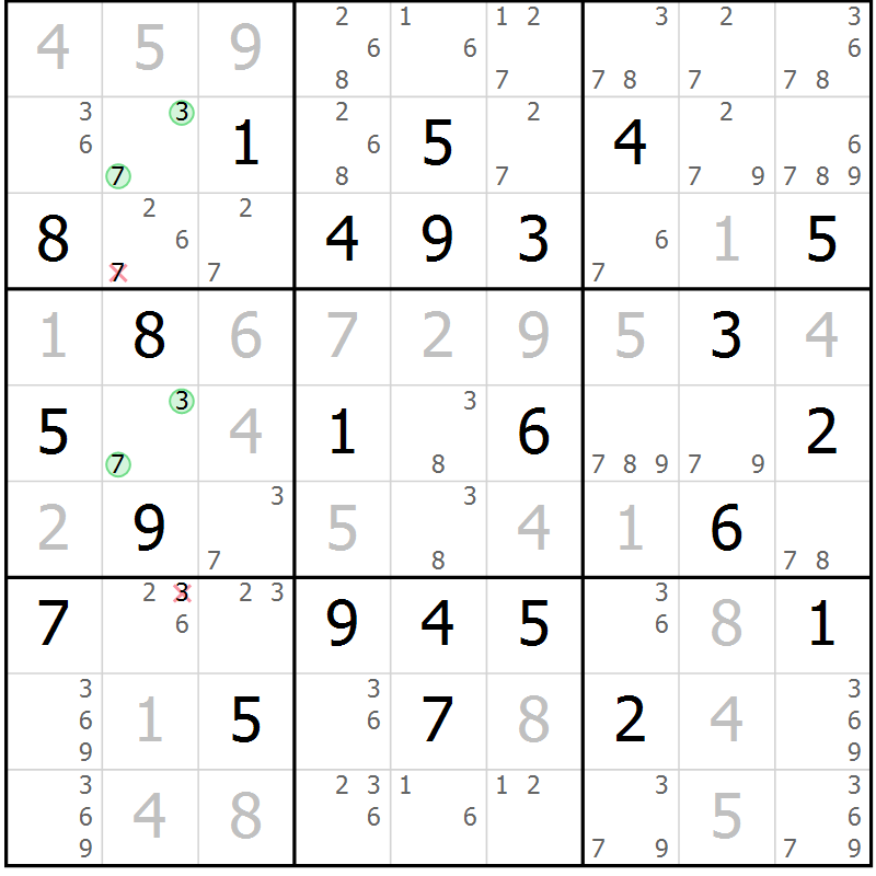 Position des candidats pour la solution de la Gr 33 page 36 du magazine de sudoku Maestro n° 099