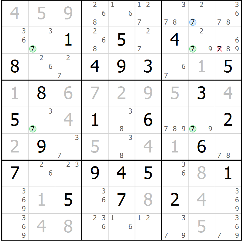 Position des candidats pour la solution de la Gr 33 page 36 du magazine de sudoku Maestro n° 099