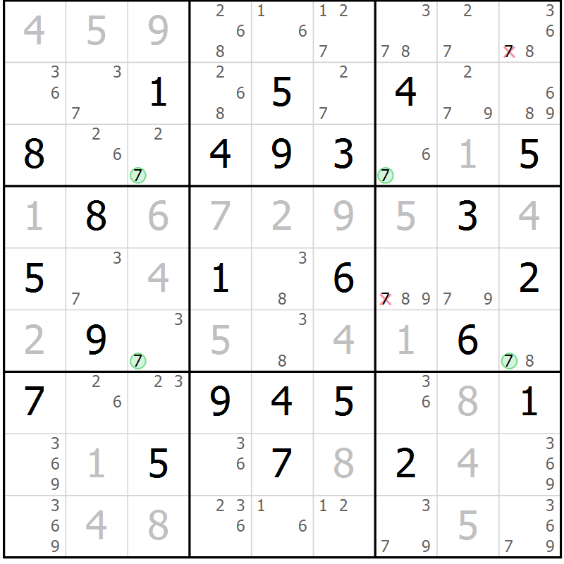 Position des candidats pour la solution de la Gr 33 page 36 du magazine de sudoku Maestro n° 099