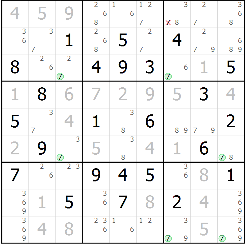 Position des candidats pour la solution de la Gr 33 page 36 du magazine de sudoku Maestro n° 099