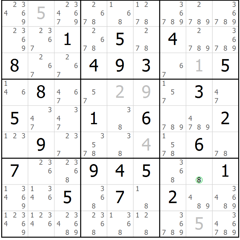 Position des candidats pour la solution de la Gr 33 page 36 du magazine de sudoku Maestro n° 099