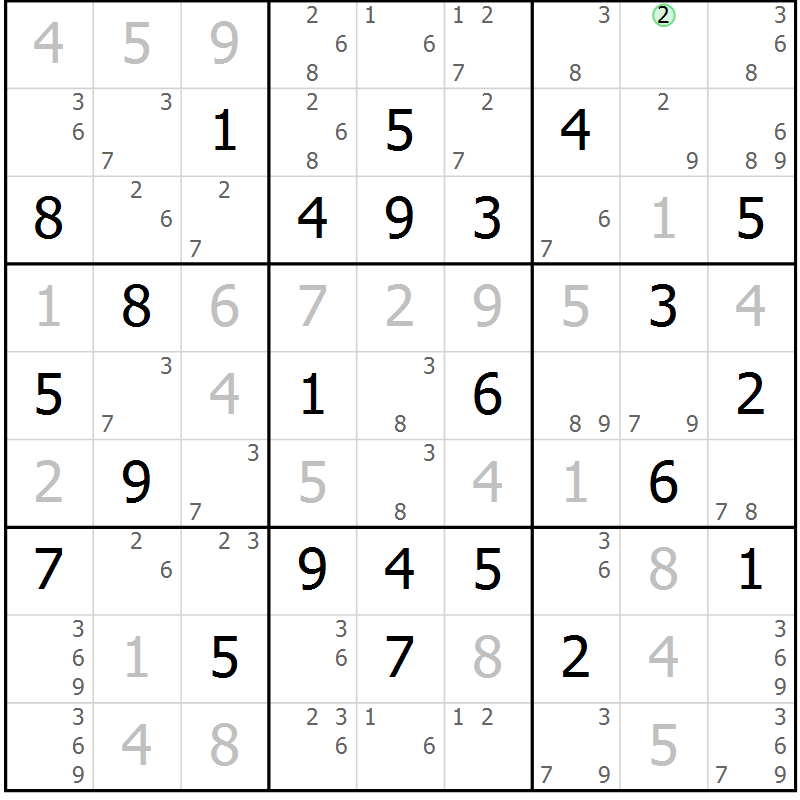 Position des candidats pour la solution de la Gr 33 page 36 du magazine de sudoku Maestro n° 099