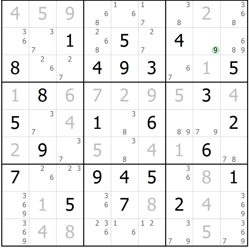 Position des candidats pour la solution de la Gr 33 page 36 du magazine de sudoku Maestro n° 099