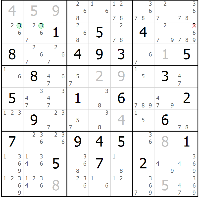 Position des candidats pour la solution de la Gr 33 page 36 du magazine de sudoku Maestro n° 099