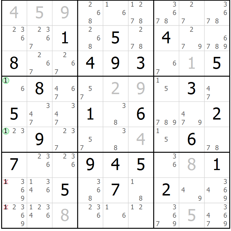 Position des candidats pour la solution de la Gr 33 page 36 du magazine de sudoku Maestro n° 099