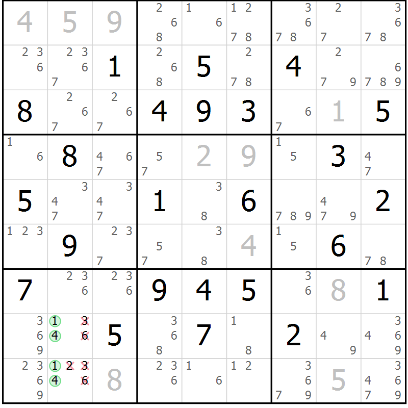 Position des candidats pour la solution de la Gr 33 page 36 du magazine de sudoku Maestro n° 099