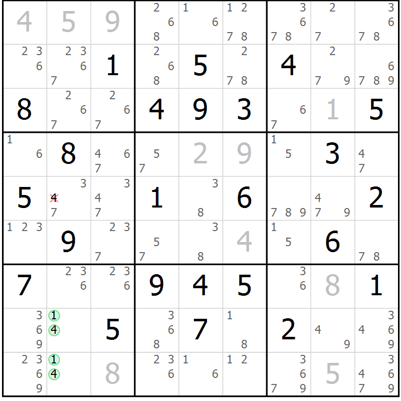 Position des candidats pour la solution de la Gr 33 page 36 du magazine de sudoku Maestro n° 099