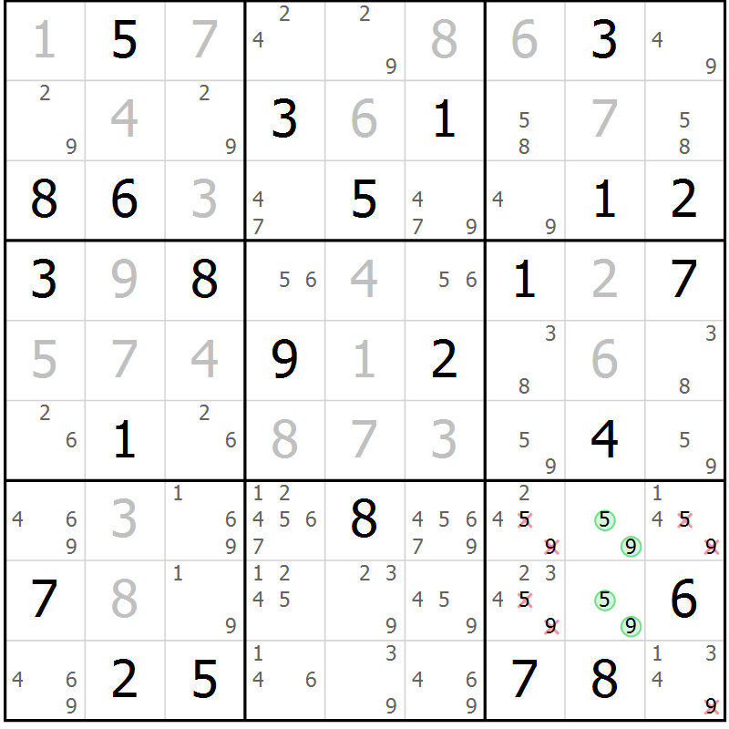 Position des candidats pour la solution de la Gr 35 page 38 du magazine de sudoku Maestro n° 099