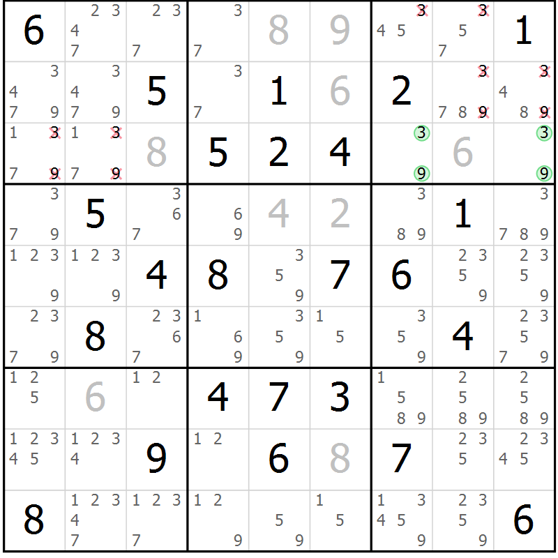 Position des candidats pour la solution de la Gr 36 page 39 du magazine de sudoku Maestro n° 099
