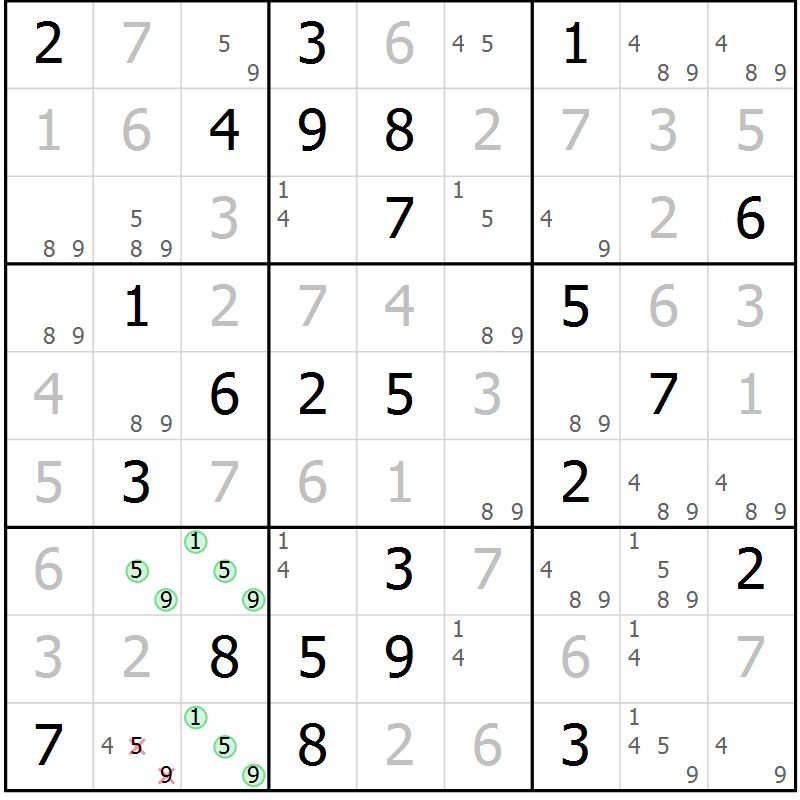 Position des candidats pour la solution de la Gr 39 page 42 du magazine de sudoku Maestro n° 099