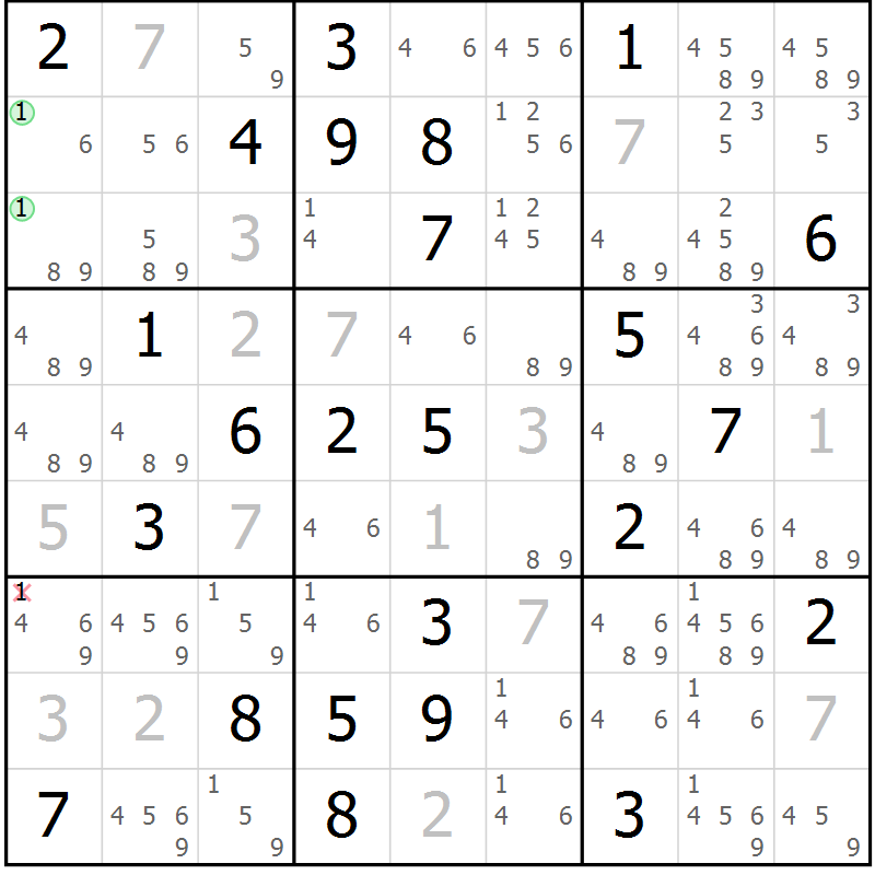 Position des candidats pour la solution de la Gr 39 page 42 du magazine de sudoku Maestro n° 099