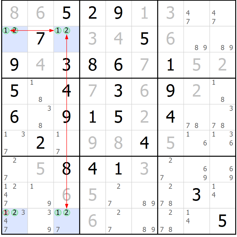 Position des candidats pour la solution de la Gr 4 page 7 du magazine de sudoku Maestro n° 099