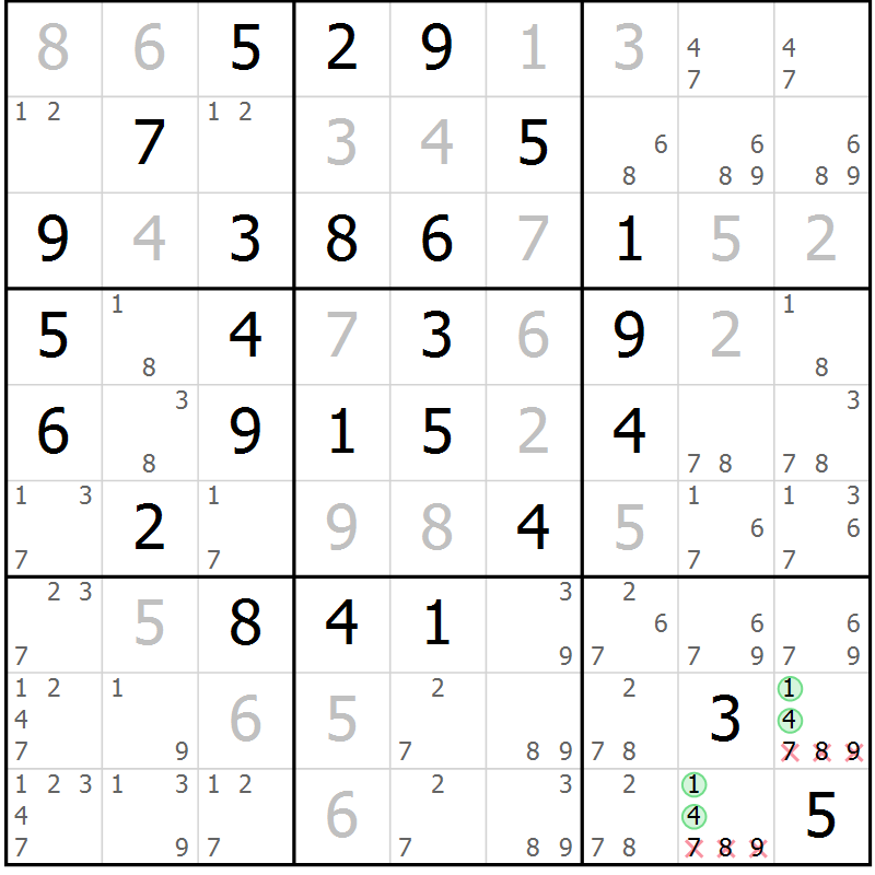 Position des candidats pour la solution de la Gr 4 page 7 du magazine de sudoku Maestro n° 099