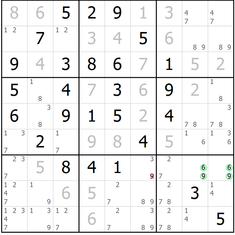 Position des candidats pour la solution de la Gr 4 page 7 du magazine de sudoku Maestro n° 099