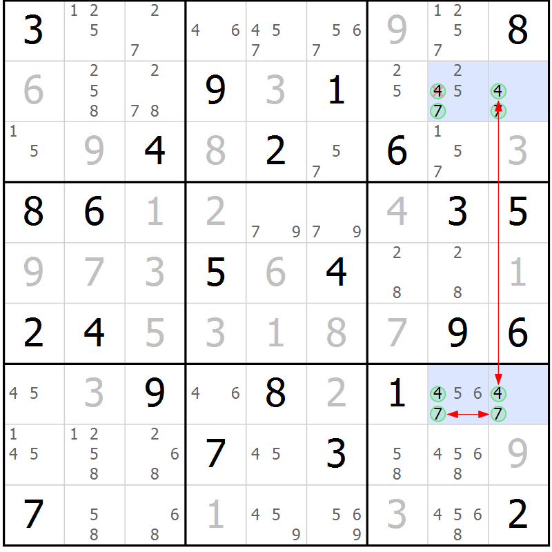 Position des candidats pour la solution de la Gr 40 page 43 du magazine de sudoku Maestro n° 099