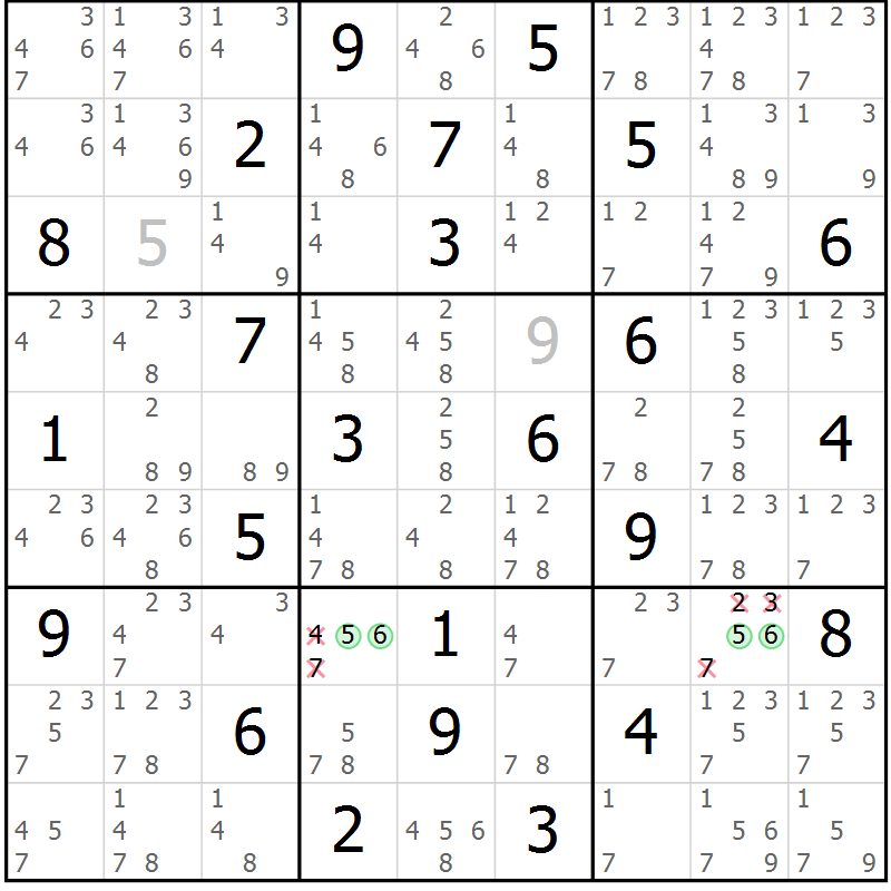 Position des candidats pour la solution de la Gr 42 page 45 du magazine de sudoku Maestro n° 099
