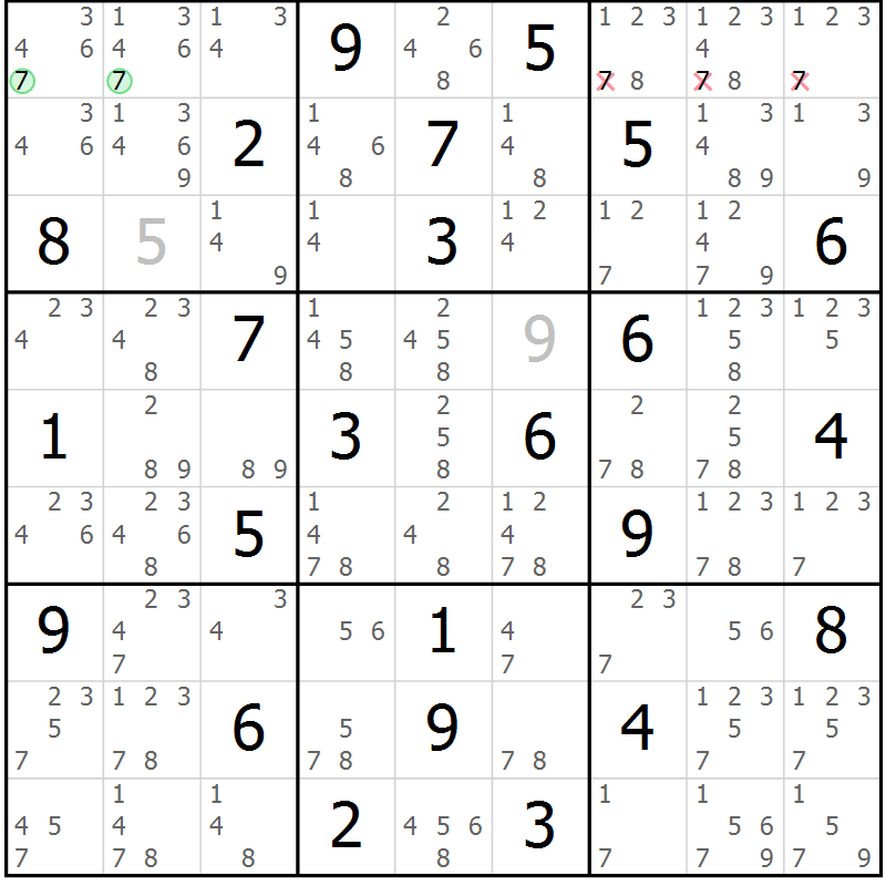 Position des candidats pour la solution de la Gr 42 page 45 du magazine de sudoku Maestro n° 099